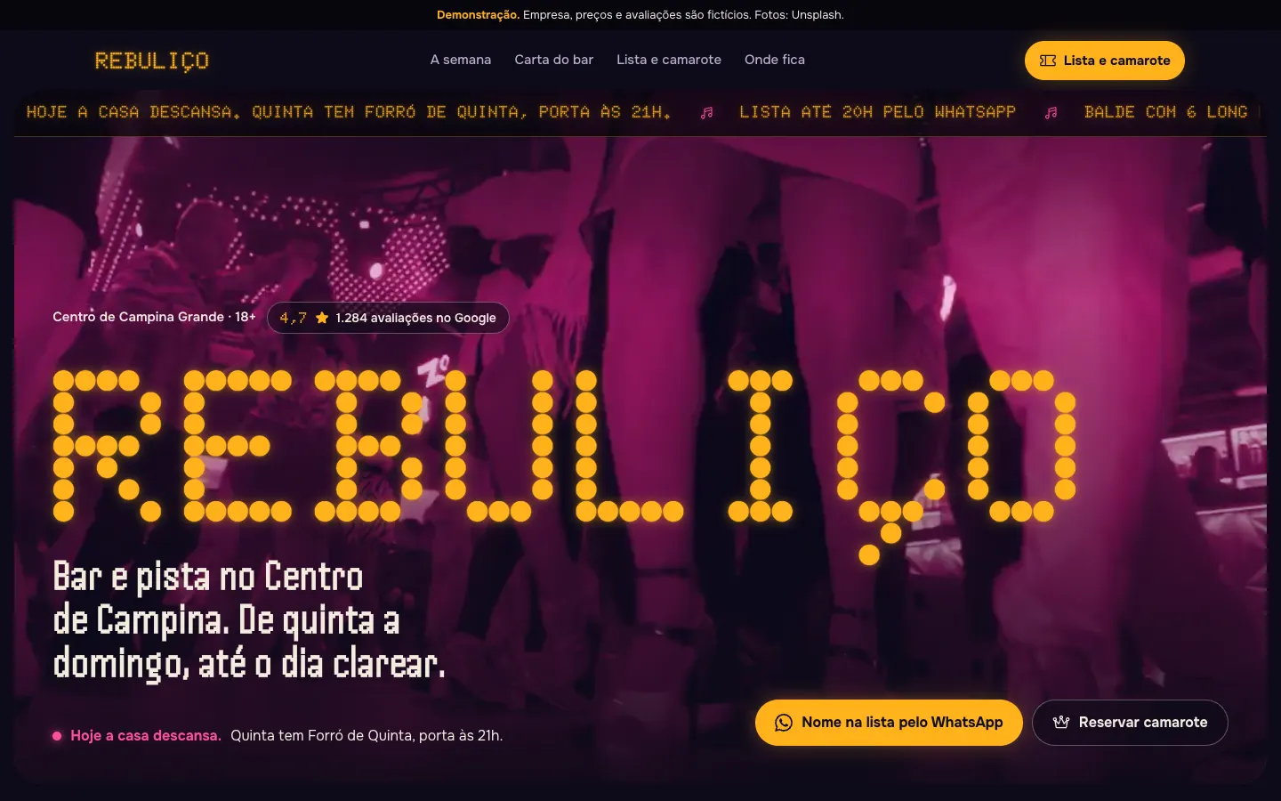 Tela do site de demonstração do bar Rebuliço