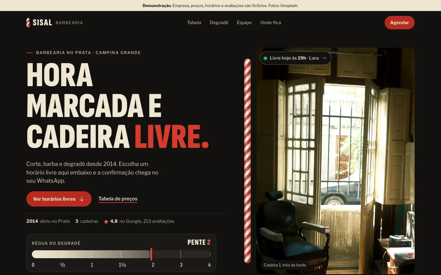 Tela do site de demonstração da Sisal Barbearia