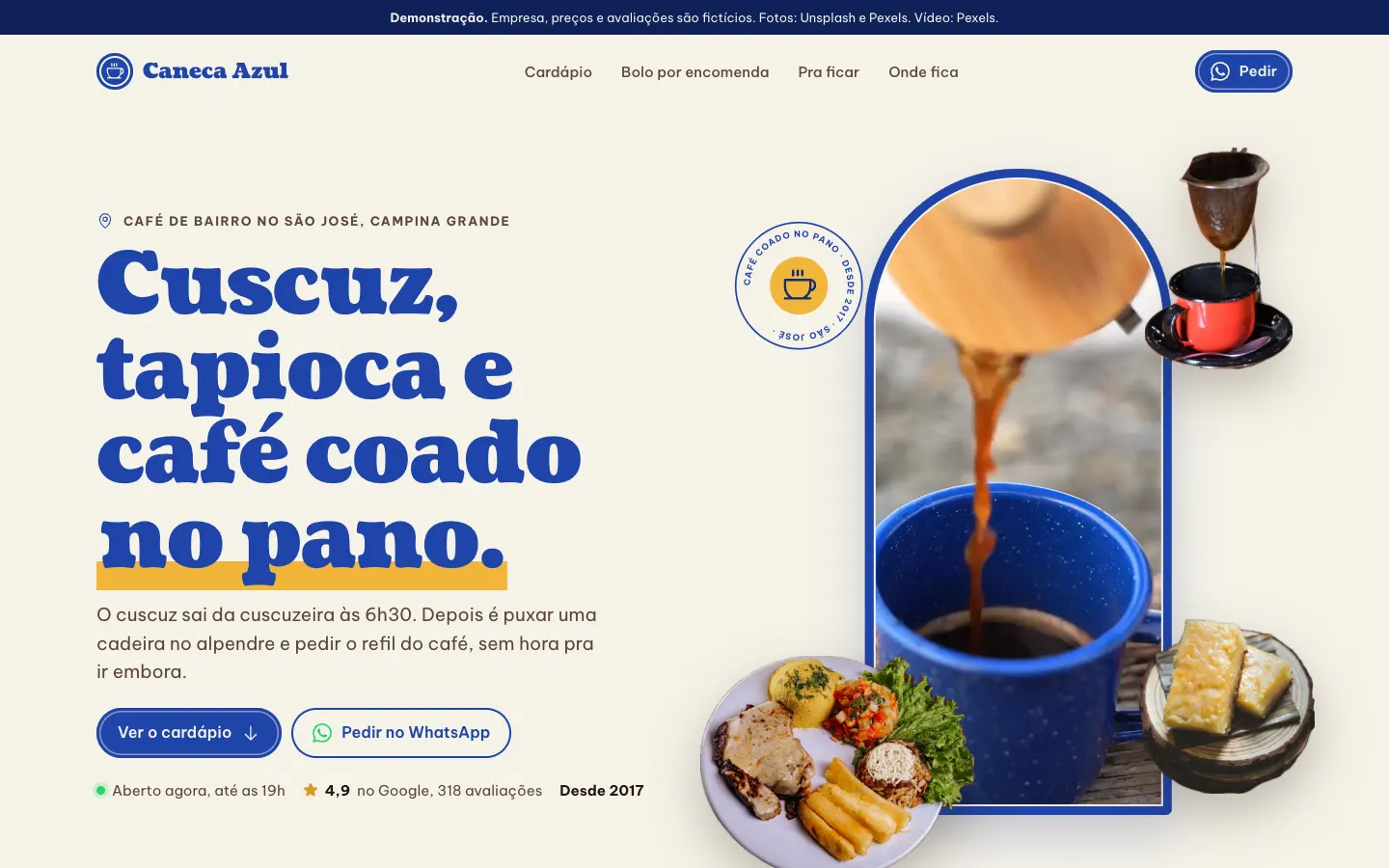 Tela do site de demonstração do café Caneca Azul