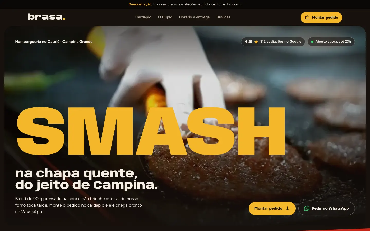 Tela do site de demonstração da hamburgueria Brasa Smash