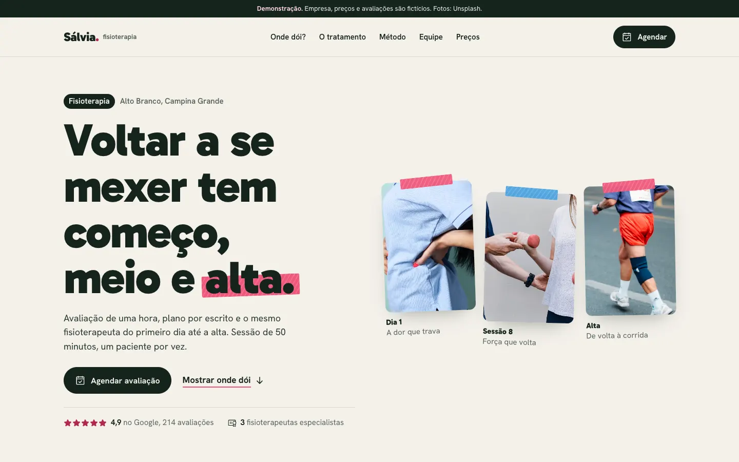 Tela do site de demonstração da clínica Sálvia Fisioterapia