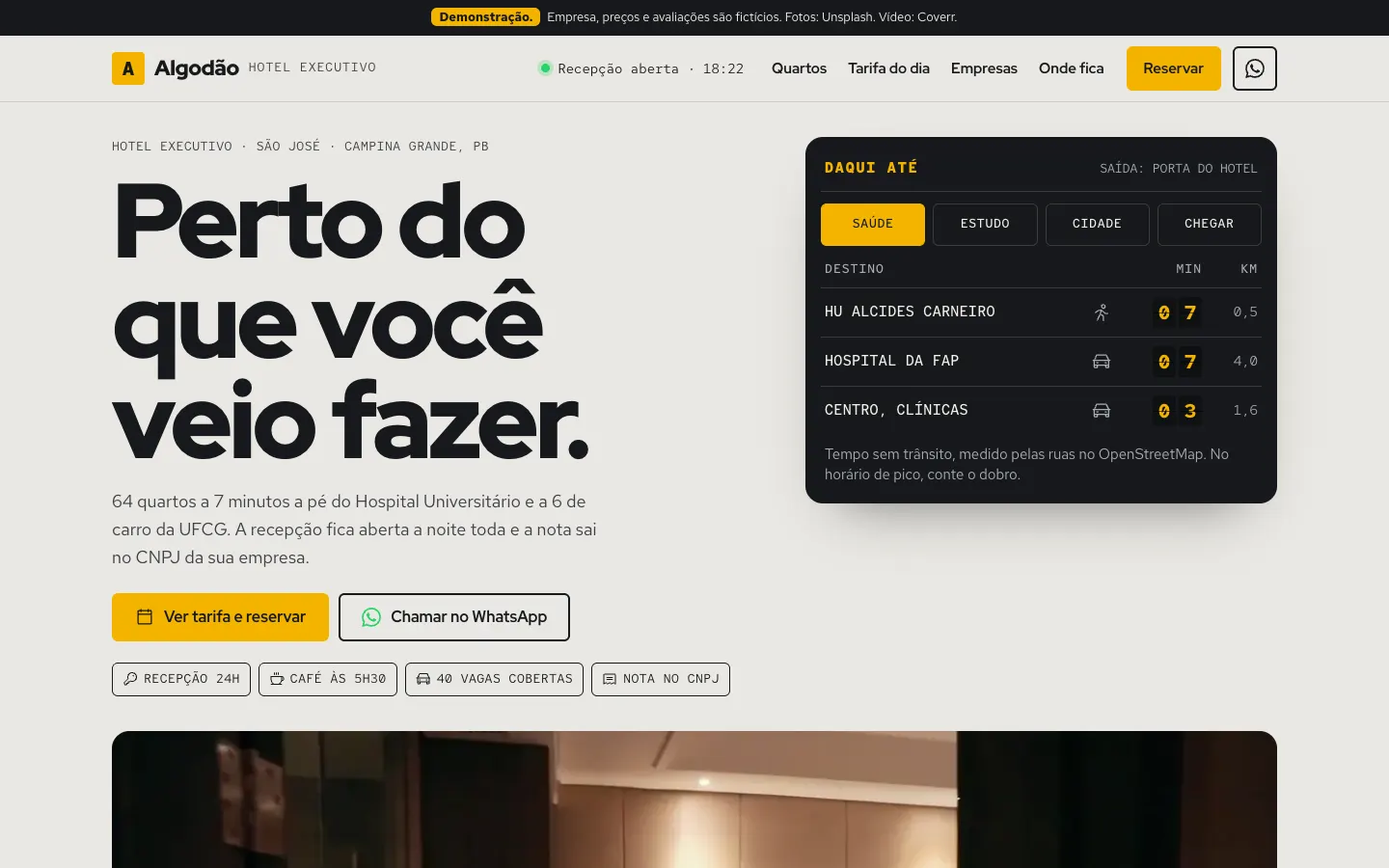 Tela do site de demonstração do Algodão Hotel