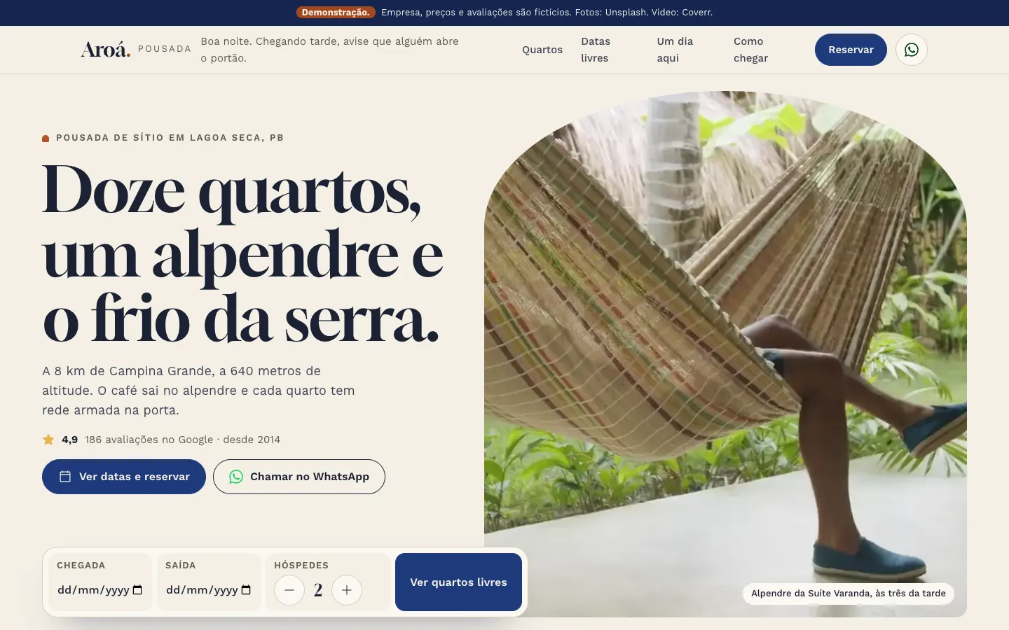 Tela do site de demonstração da Pousada Aroá