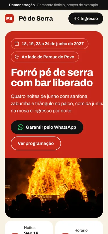 Tela de celular do modelo Camarote Pé de Serra