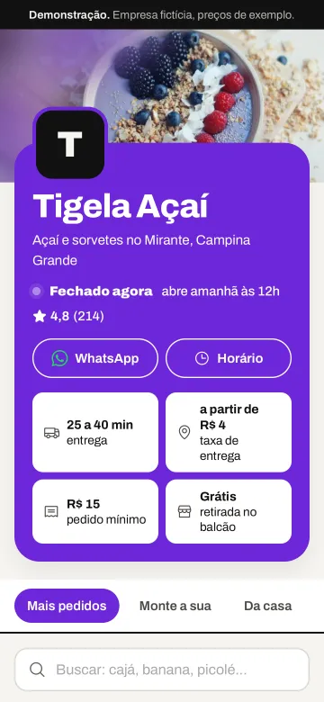 Tela de celular do modelo Tigela Açaí