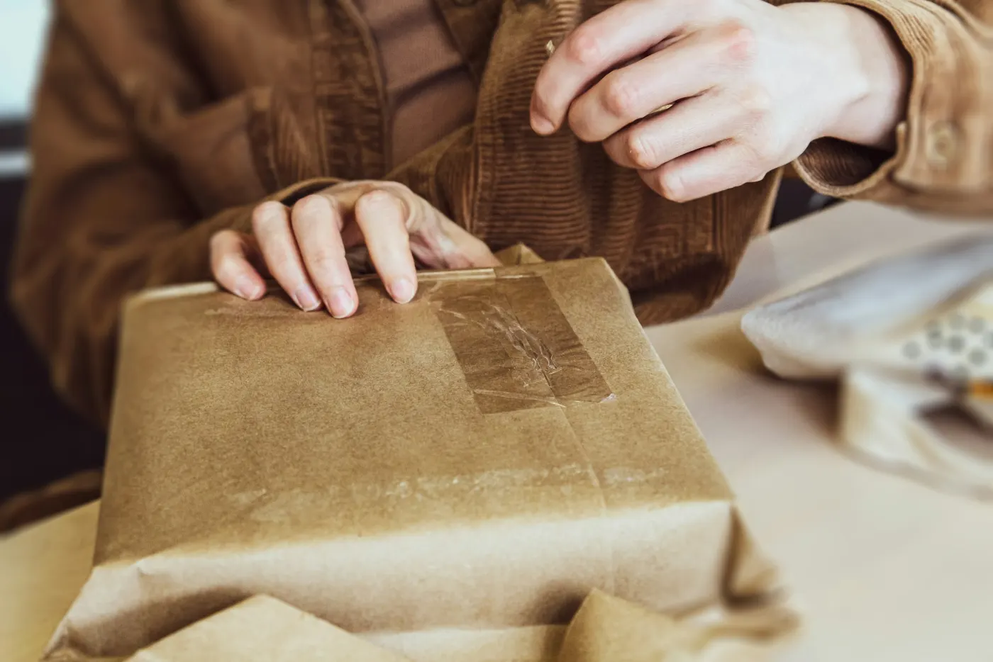 Mãos fechando um pacote embrulhado em papel pardo
