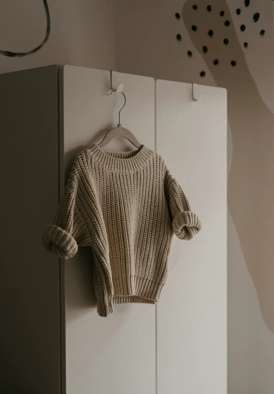Blusa de tricô bege de ponto grosso pendurada em um cabide