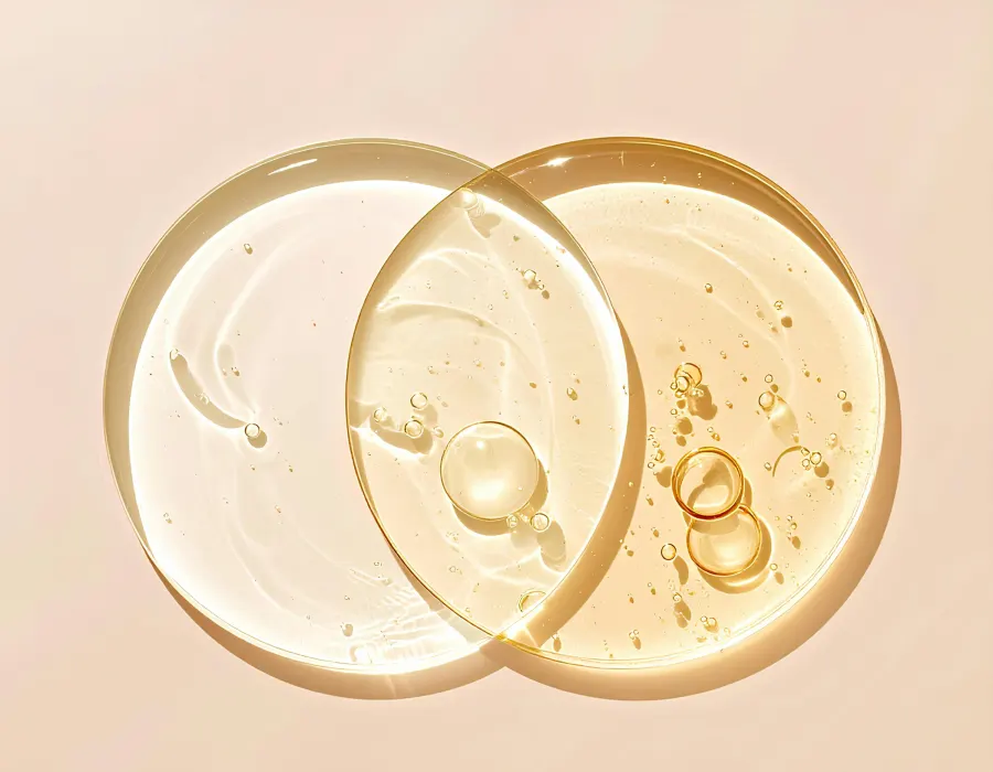 Gotas de gel transparente e dourado sobre fundo cor de pêssego