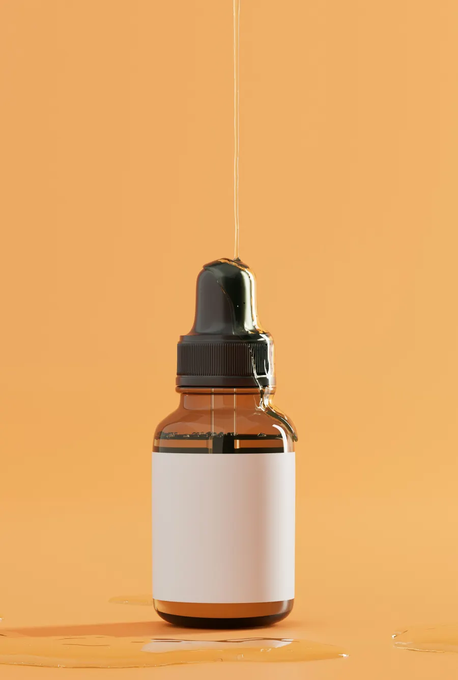 Frasco âmbar com conta-gotas e rótulo em branco sobre fundo laranja