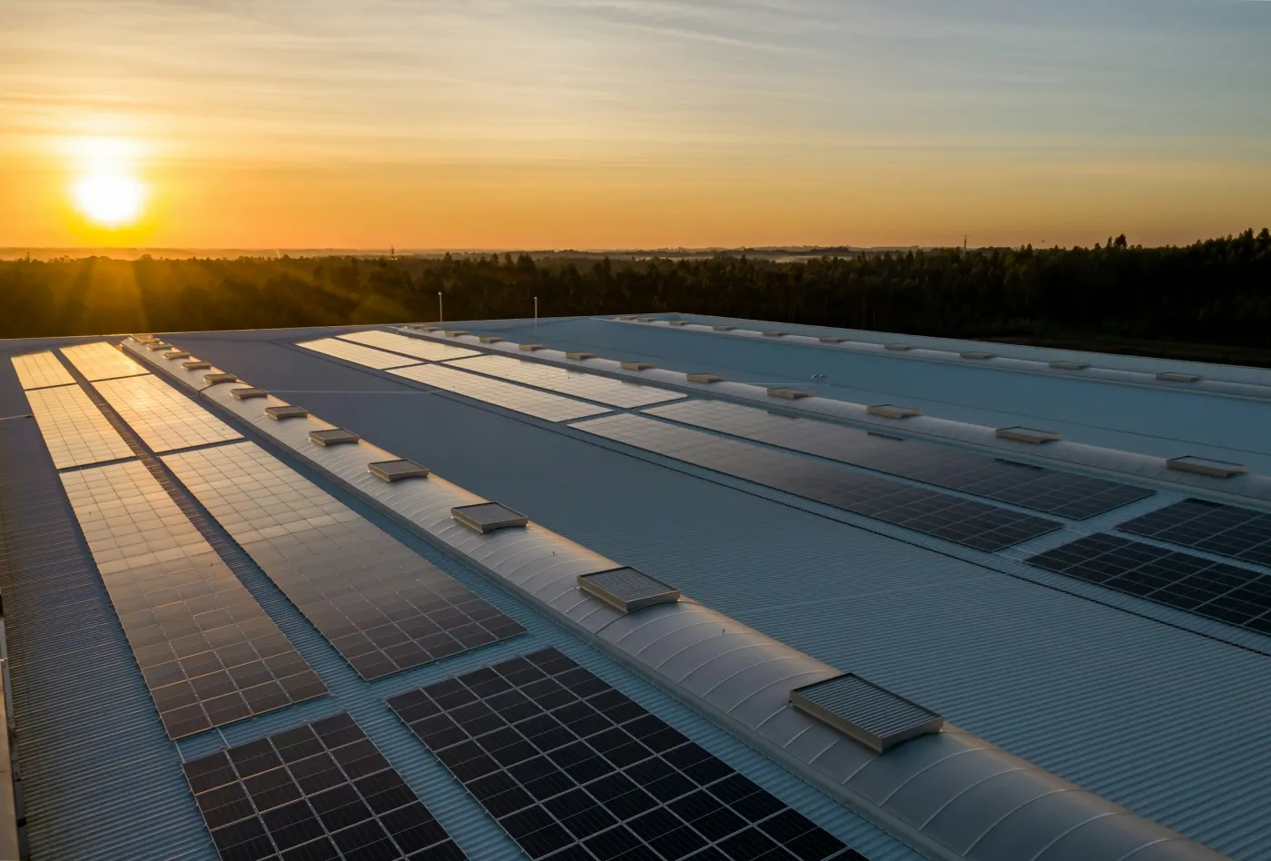 Painéis solares no telhado metálico de um galpão ao pôr do sol