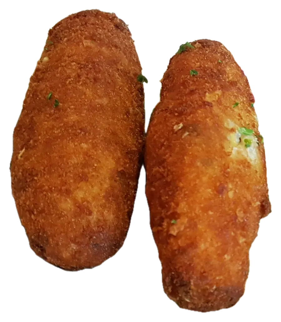 Dois croquetes de carne compridos, empanados e fritos, vistos de cima